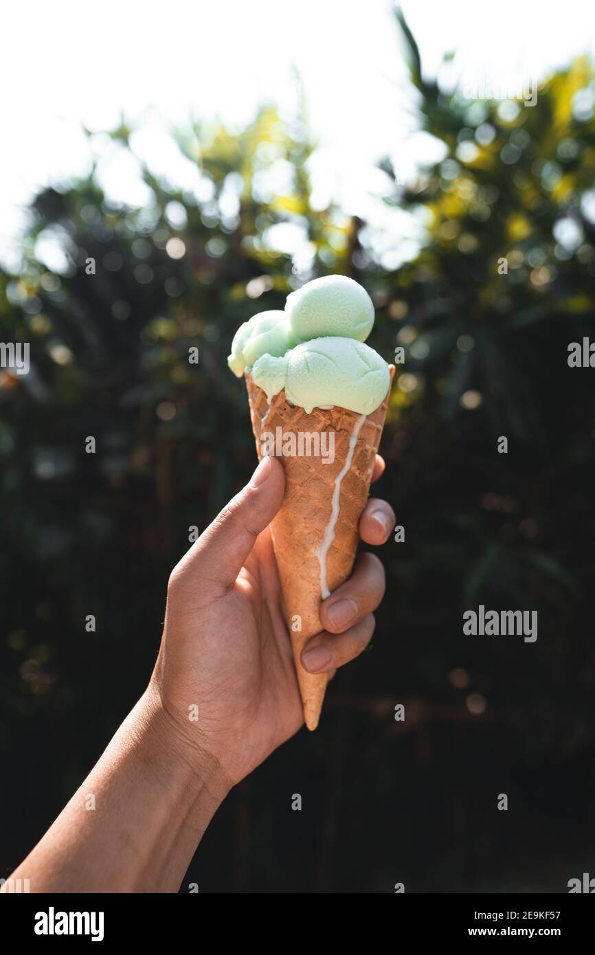 Ice cream in hand during the hot day Stock Photo Alamy