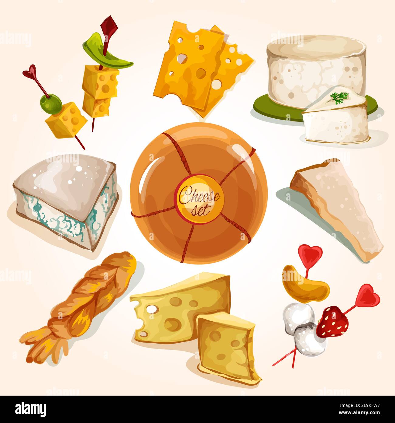 Whole cheese blocks and slices assortment food colored decorative icons ...