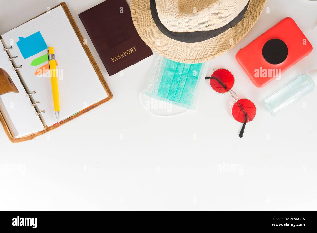 plan trip with covid (mask and disinfectant) Stock Photo