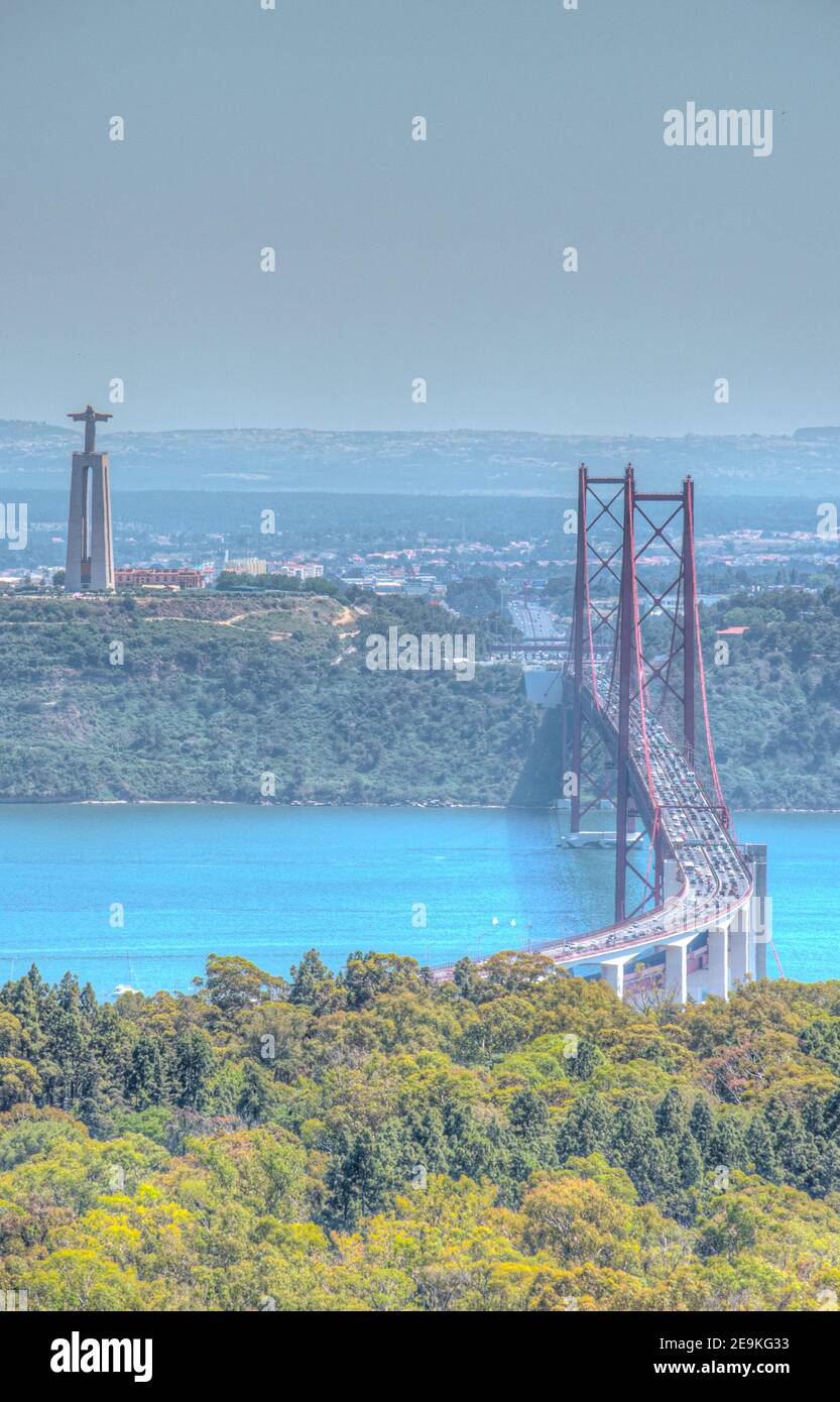 Aerial view of the 25th April Bridge and Cristo Rei Sanctuary in Lisbon, illustrating the importance of high-vantage-point data collection for weather systems, relevant to radar network precision in Ohio