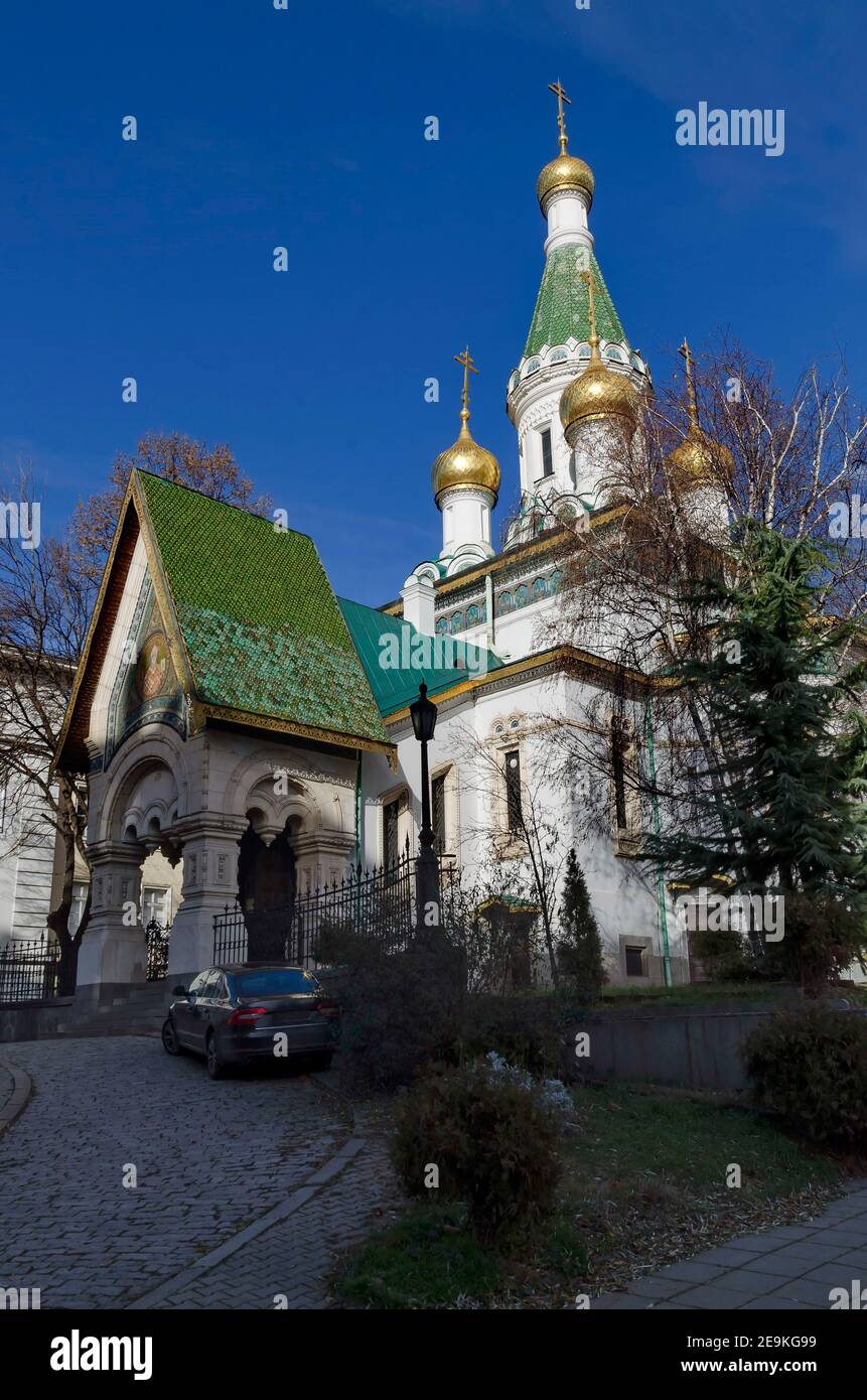 Russian Orthodox Church St. Nicholas the Wonderworker or Miracle Worker in autumn, Sofia, Bulgaria, Europe Stock Photo
