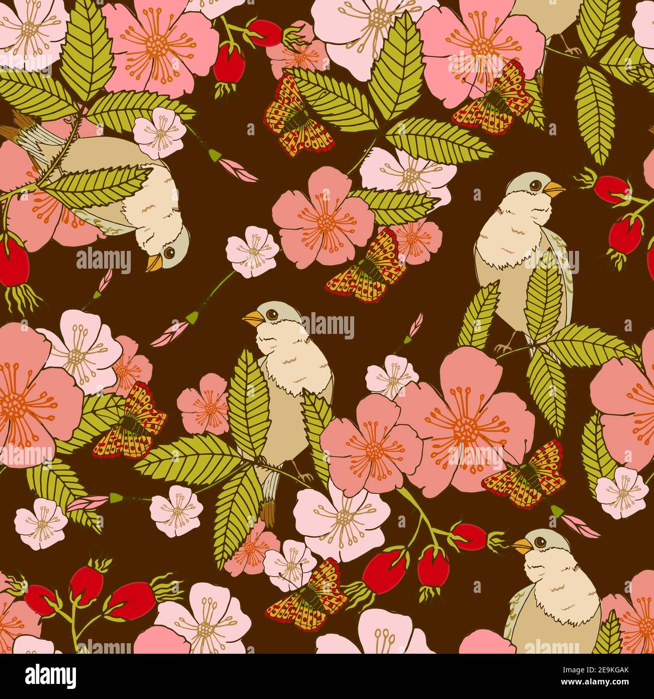 Flowers vintage seamless pattern with birds and butterflyies vector ...