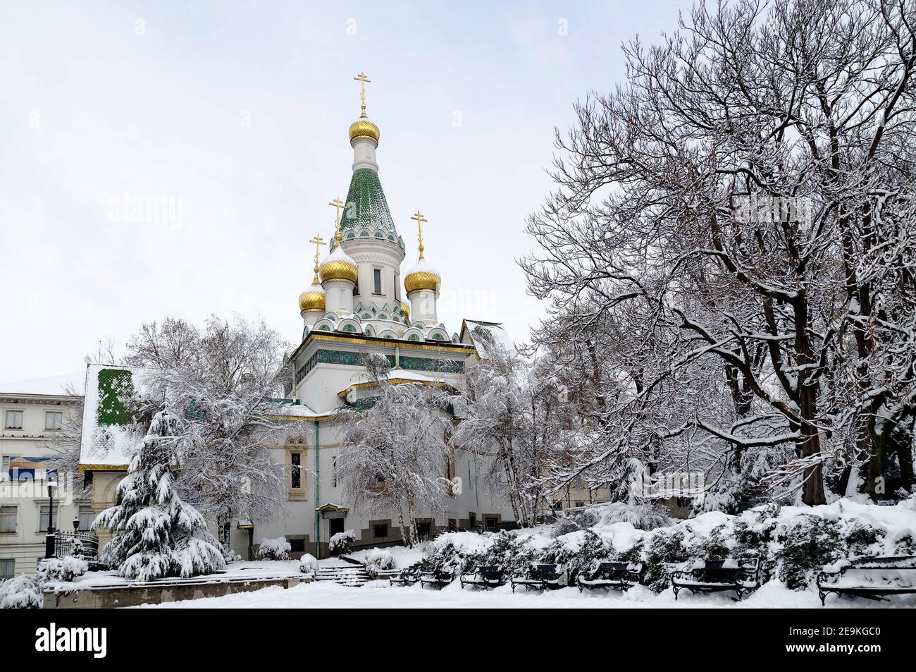 Russian Orthodox Church St. Nicholas the Wonderworker or Miracle Worker in winter, Sofia, Bulgaria, Europe Stock Photo