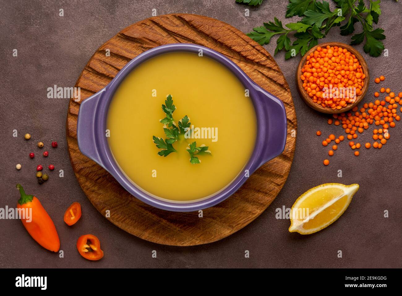 Red lentil soup. Traditional middle eastern, turkish , ramadan cuisine. Vegan food Stock Photo