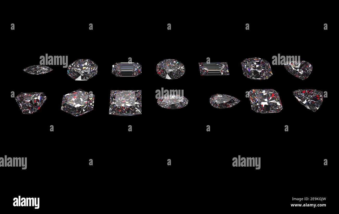 Set of diamonds isolated on black background. 3d rendering ...