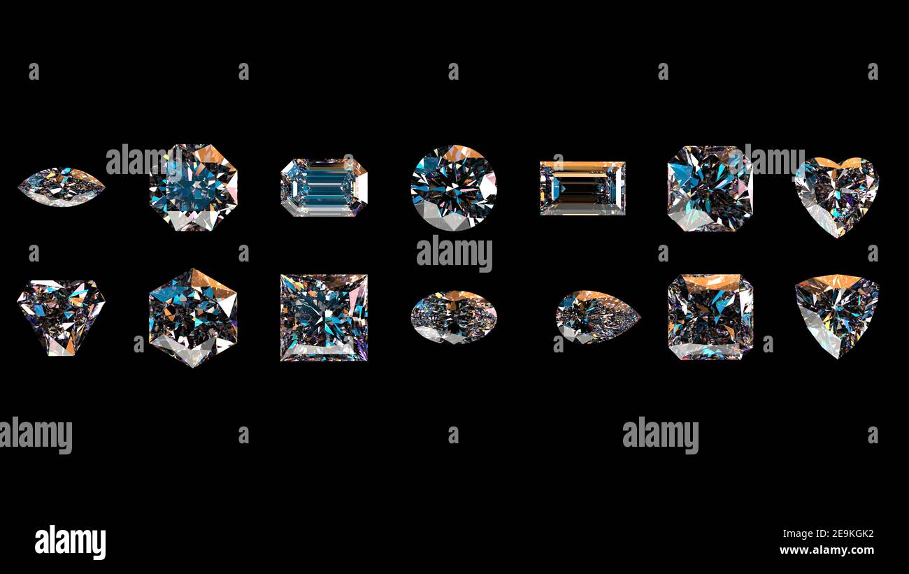 Set of diamonds isolated on black background. 3d rendering ...