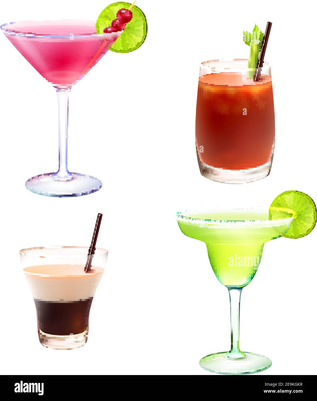 Cocktail alcohol drinks realistic decorative icons set with cosmopolitan bloody mary b-52 margarita isolated vector illustration Stock Vector