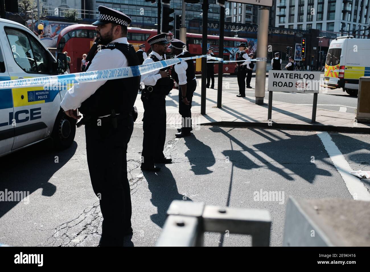 LONDON - APRIL 2019: London met police occupy Waterloo Bridge after a week of Extinction Rebellion protests. Stock Photo