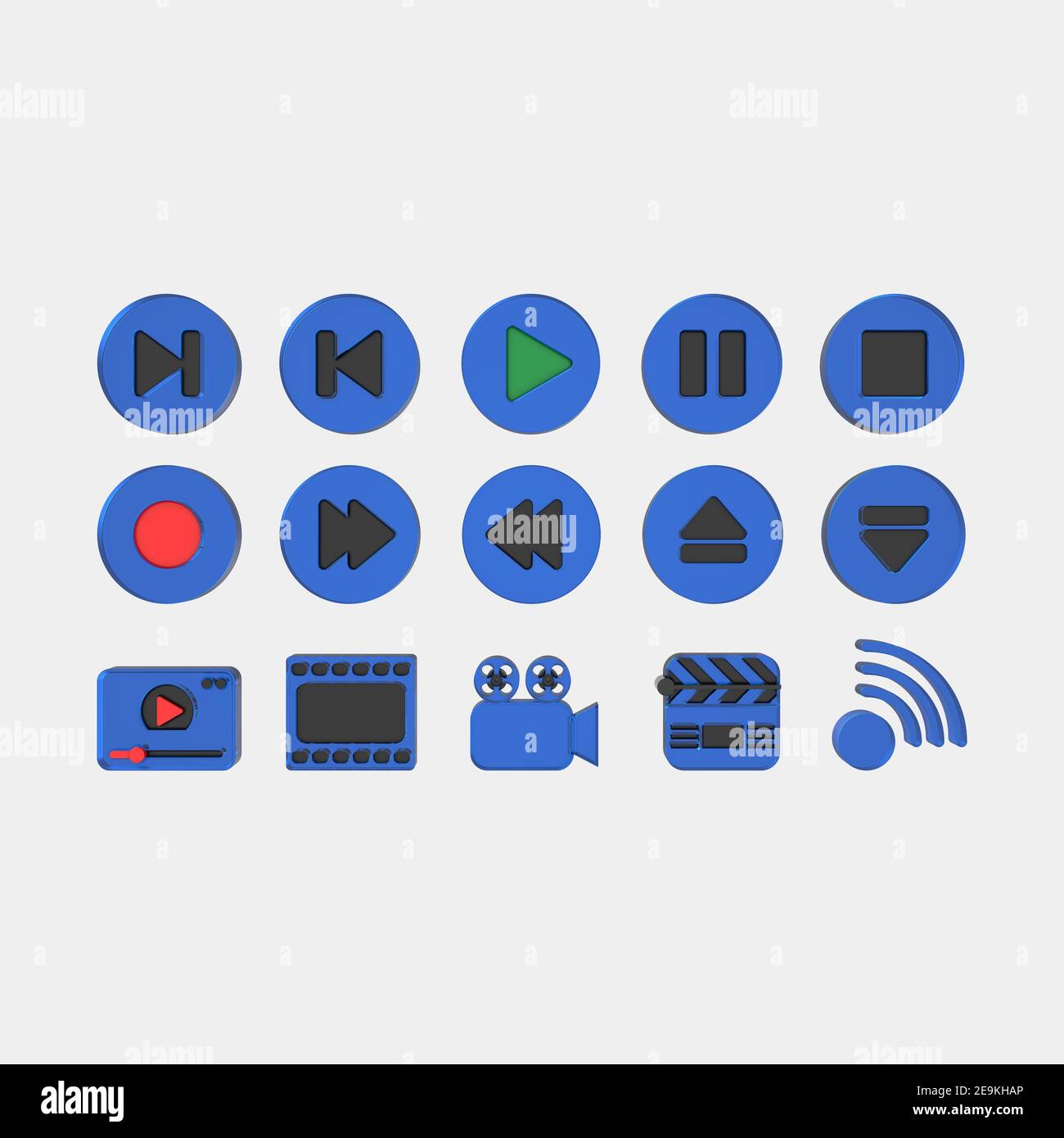 3D set of media icons .3D rendering isolated on grey background. Buttons of play, pause, rec