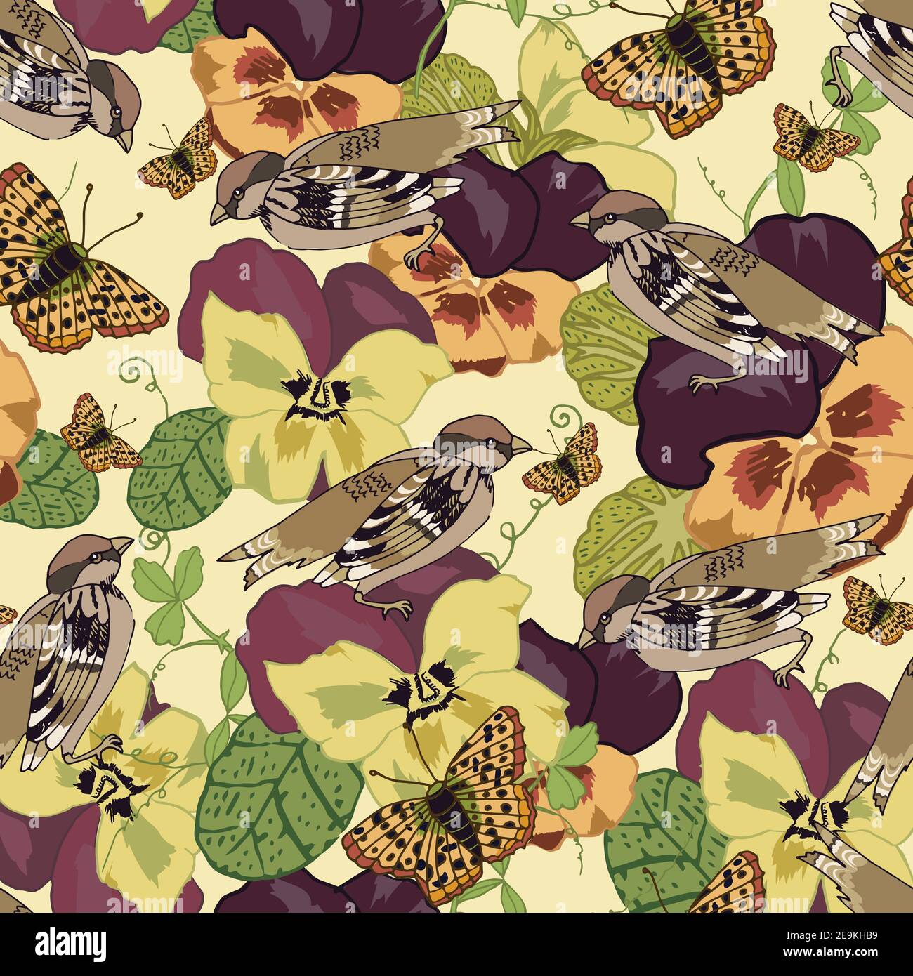 Vintage flowers seamless pattern with pansy petunia viola butterflies and sparrow birds vector illustration Stock Vector