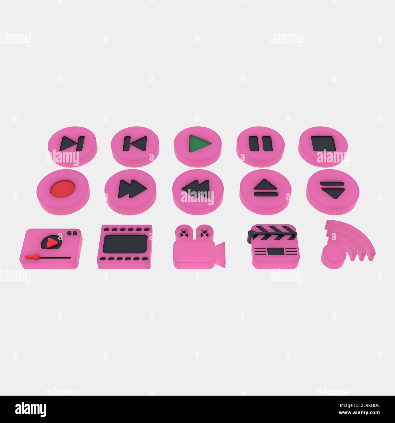 3D set of media icons .3D rendering isolated on grey background. Buttons of play, pause, rec, camera, video, wi-fi, movie, player Stock Photo