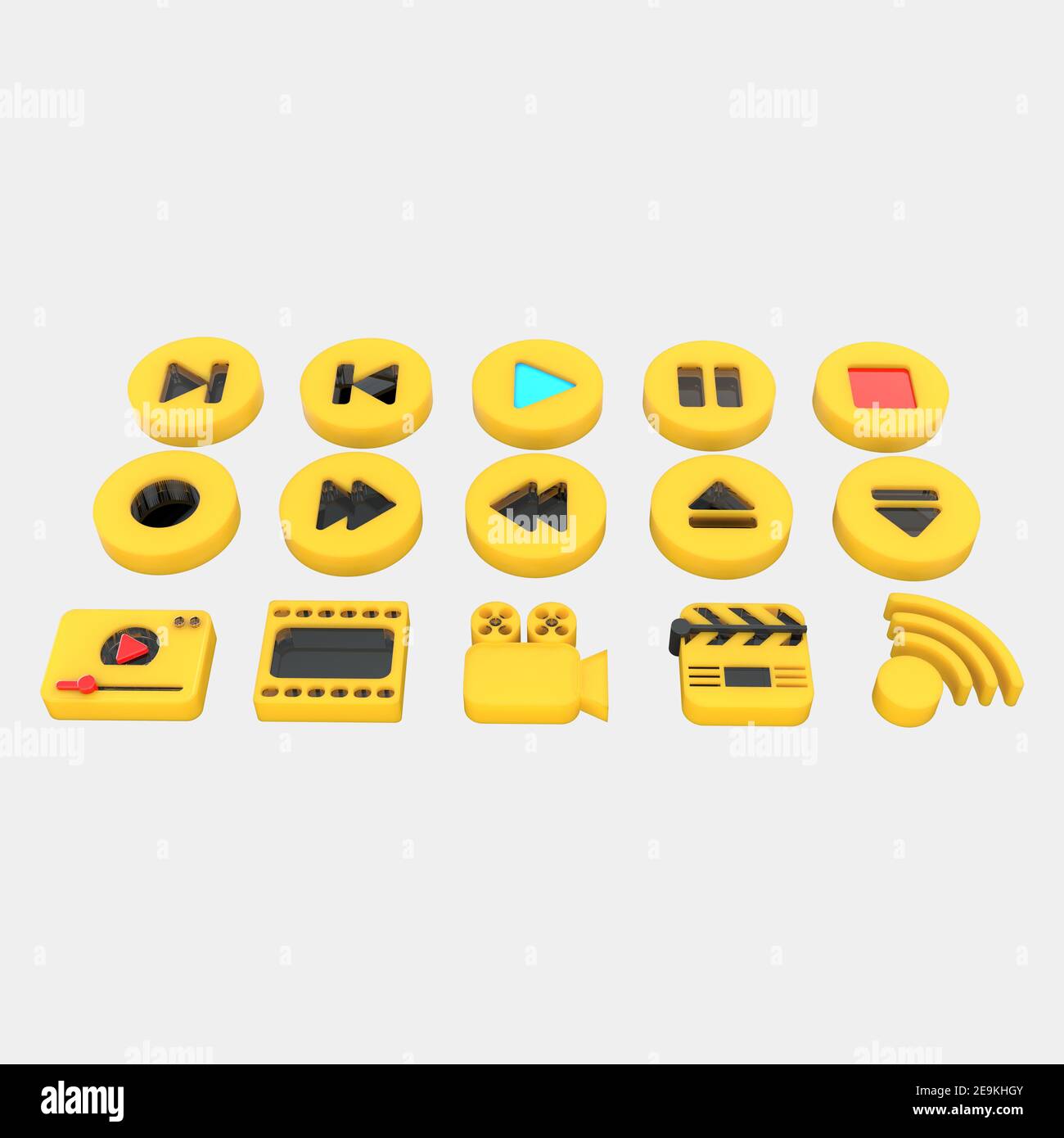 3D set of media icons .3D rendering isolated on grey background. Buttons of play, pause, rec, camera, video, wi-fi, movie, player Stock Photo