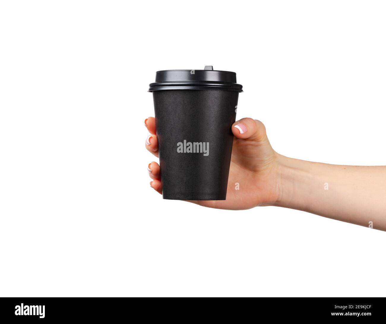Female hand holding disposable coffee cup isolated on white Stock Photo