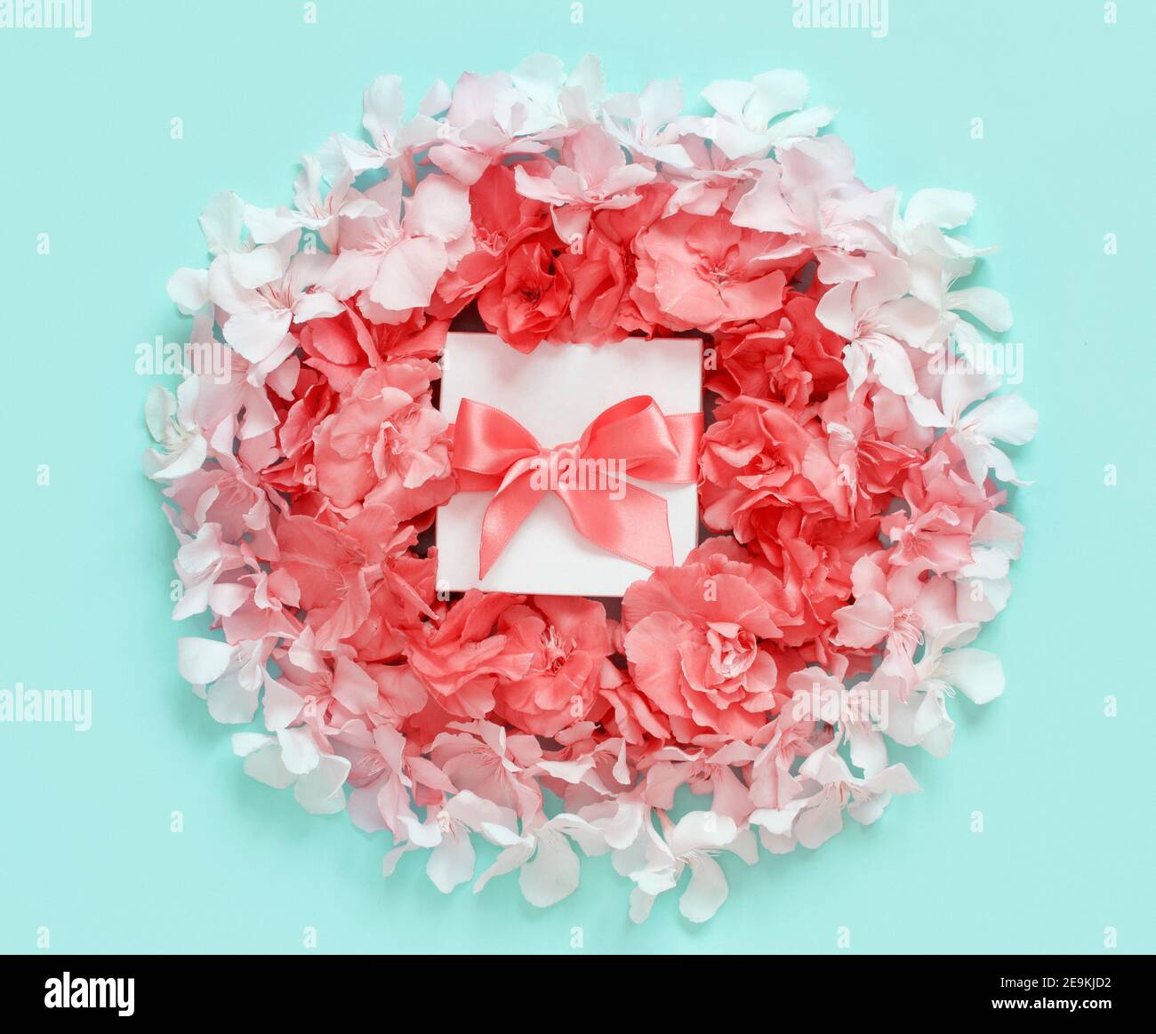 White gift box with a bow between pink flowers top view on light green ...