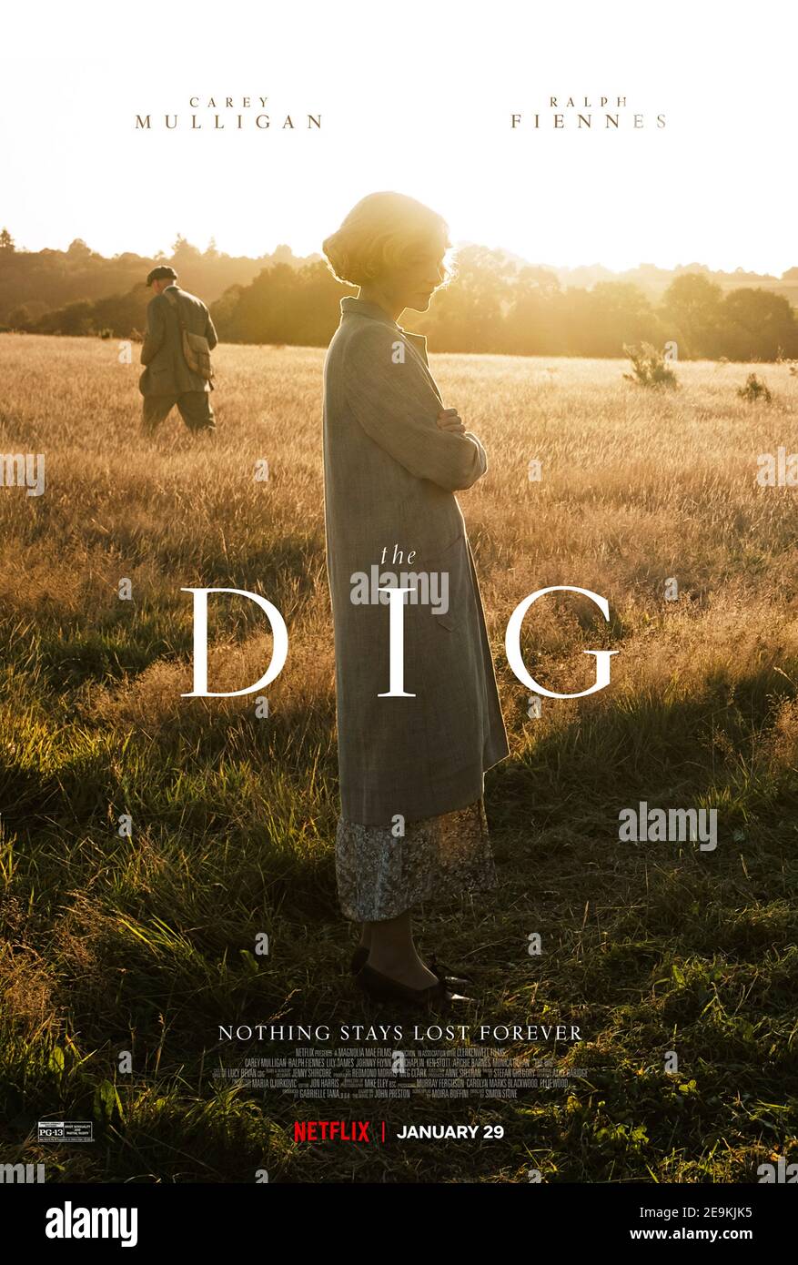 The Dig (2021) directed by Simon Stone and starring Carey Mulligan, Ralph Fiennes and Lily James. An archaeologist embarks on the historically important excavation of Sutton Hoo in 1938. Stock Photo
