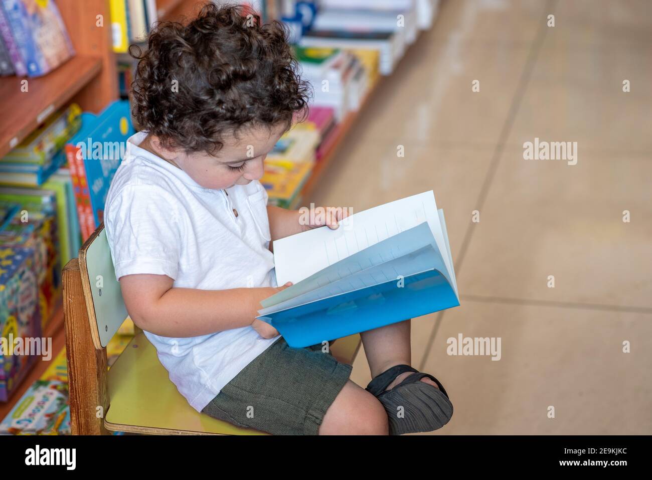 Little Boy Indoors In Front Of Books. Cute Young Toddler Sitting On A Chair Near Table and Reading Book. Child reads in a bookstore, surrounded by colorful books. Library, Shop, Shelving In School. Stock Photo