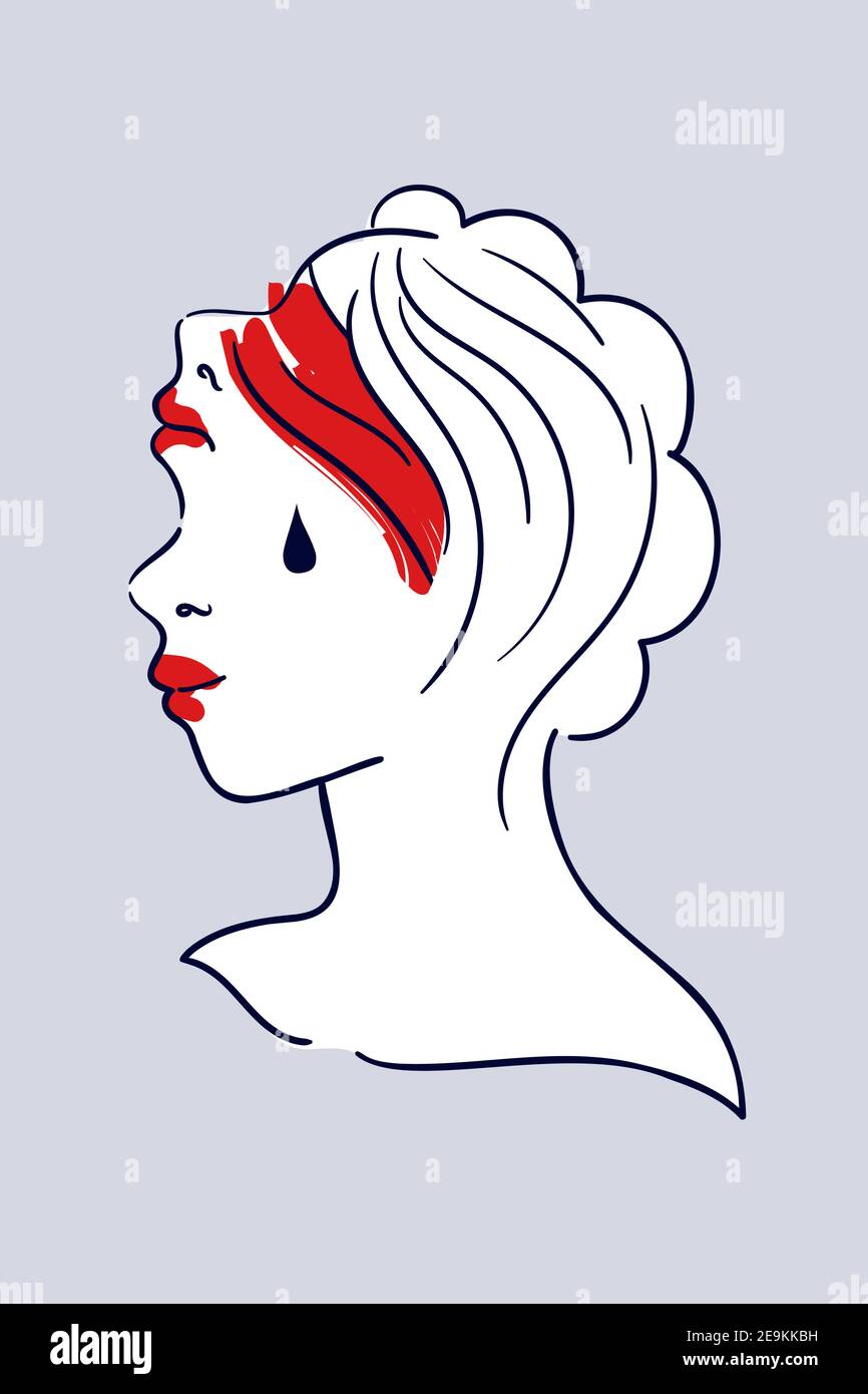 Female mental health - minimalist vector illustration. Surreal portrait of double face woman with fake smile. Bipolar disorder, narcissistic or person Stock Vector