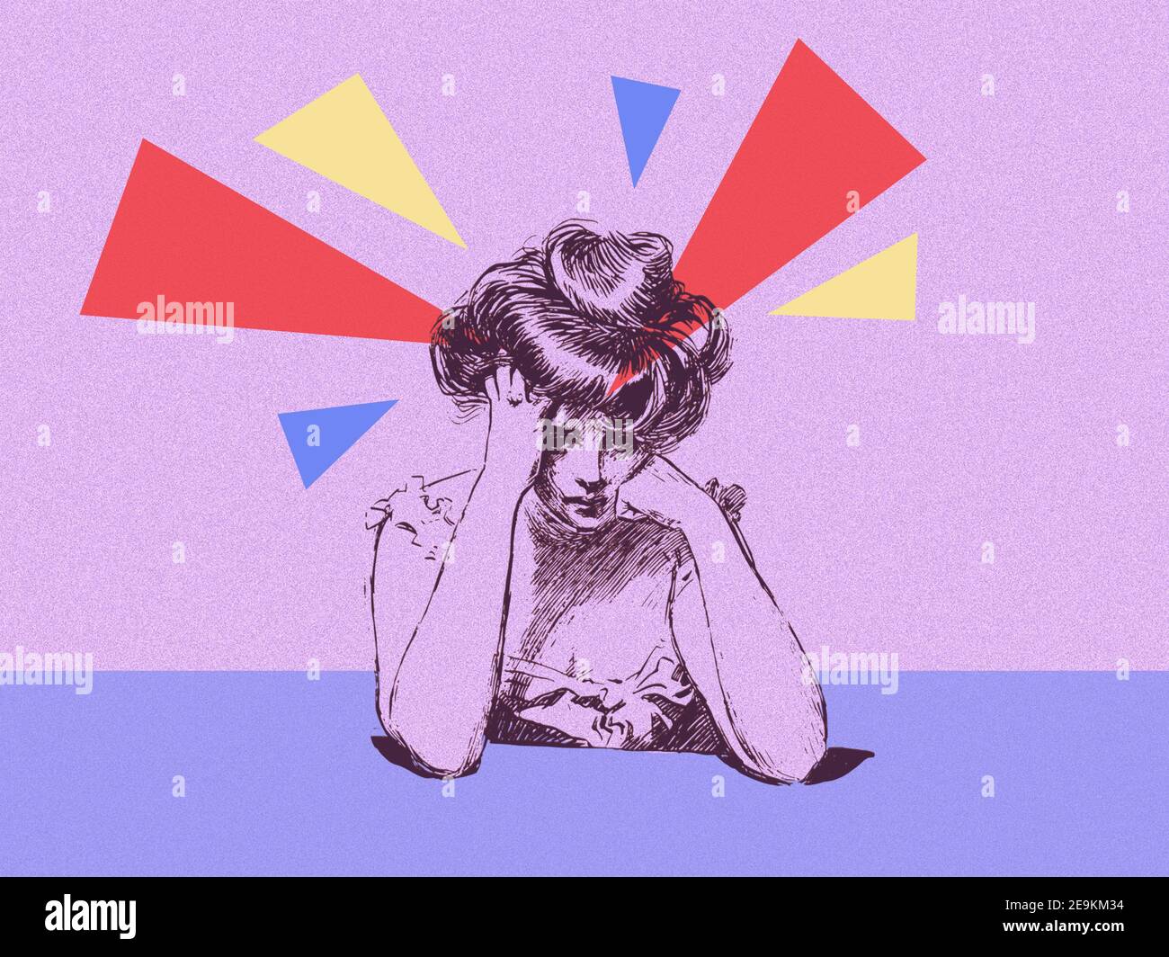 Worried woman vintage illustration with geometric art concept Stock Photo