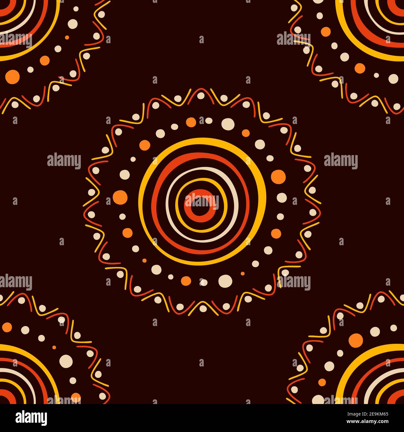 Australian aboriginal seamless pattern with circles, crooked stripes, dots, isolated on brown background. Endless stylish texture. Ethnic texture. Stock Vector