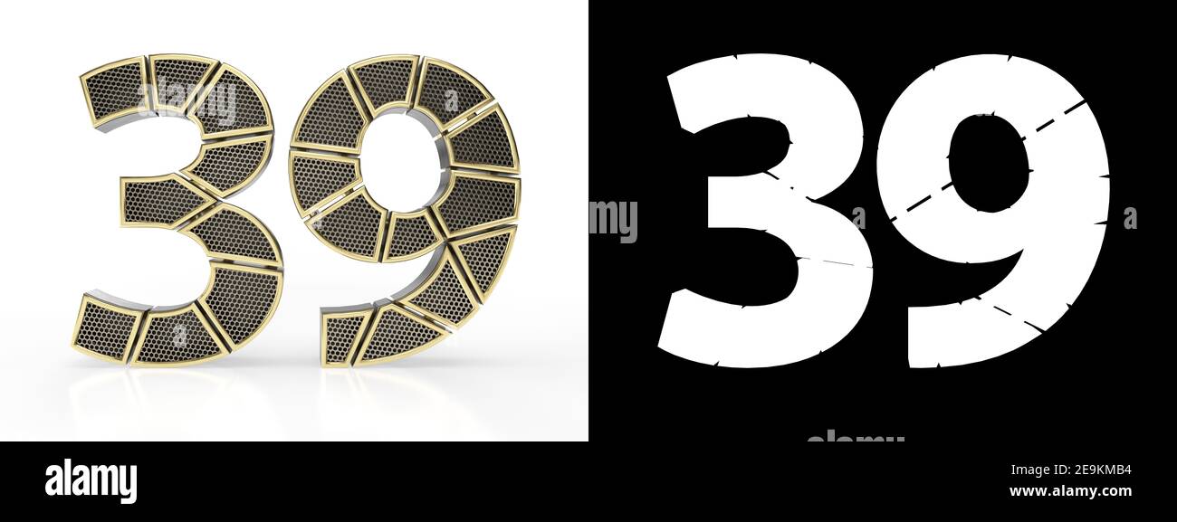 Gold number thirty-nine (number 39) cut into perforated gold segments with alpha channel and shadow on white background. Front view. 3D illustration Stock Photo