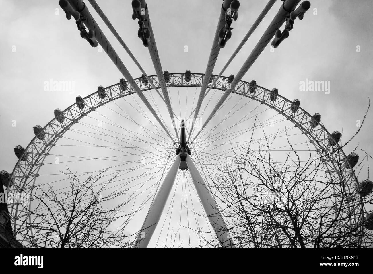 Close up view of the London Eye, or Millennium Wheel, the cantilevered observation wheel on the South Bank of the River Thames, London Stock Photo