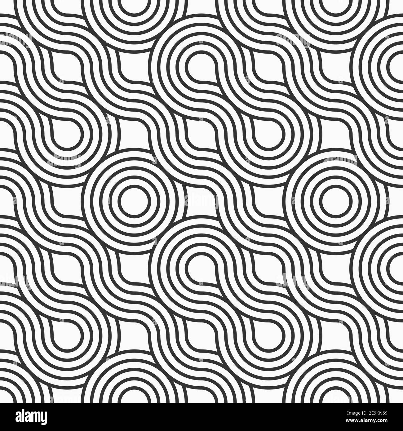 Abstract seamless. Seamless braided linear pattern, wavy lines, circles. Endless striped texture with winding elements. Vector geometric monochrome ba Stock Vector