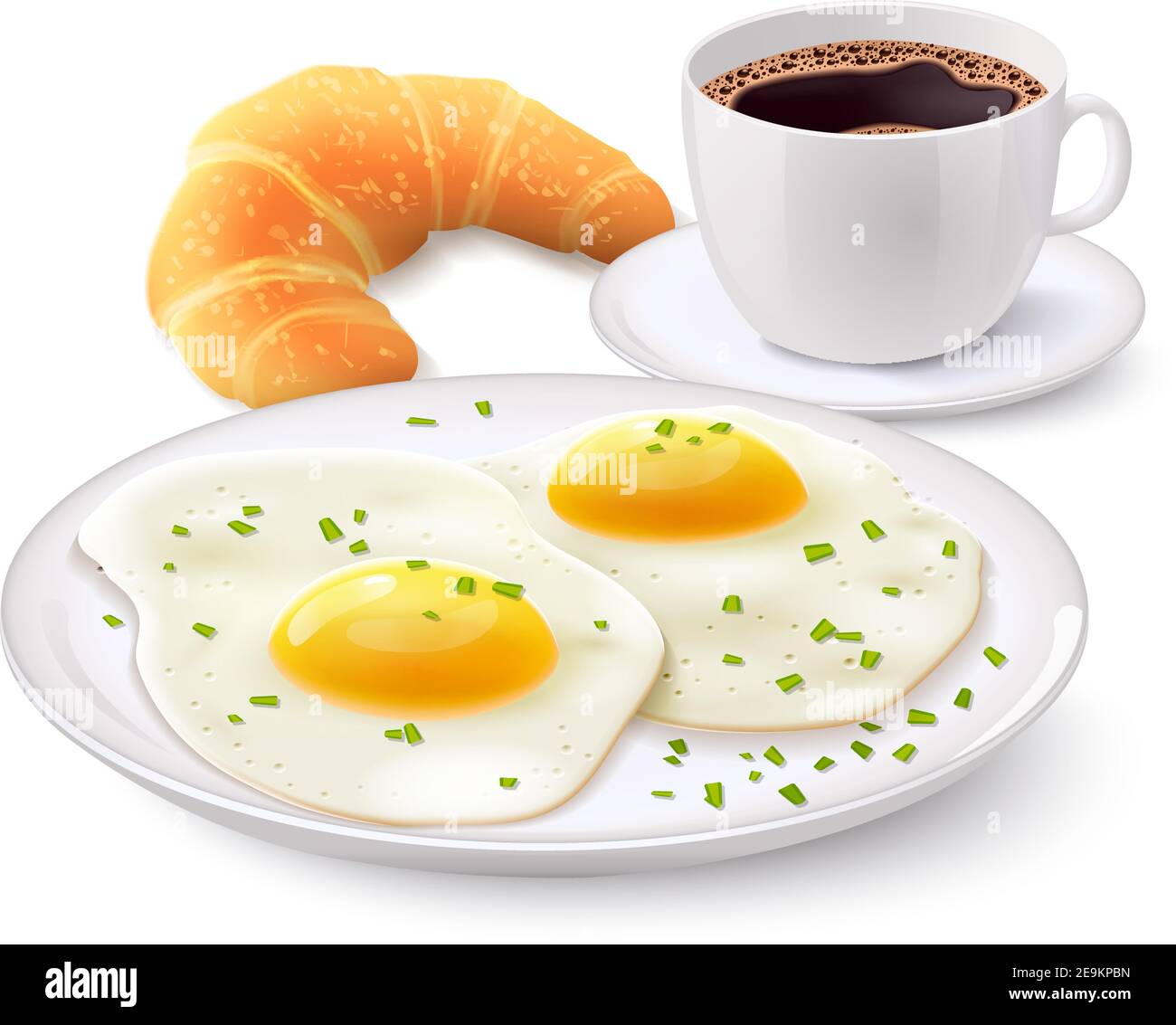Breakfast realistic set with cup of coffee croissant and fried egg on plate vector illustration Stock Vector