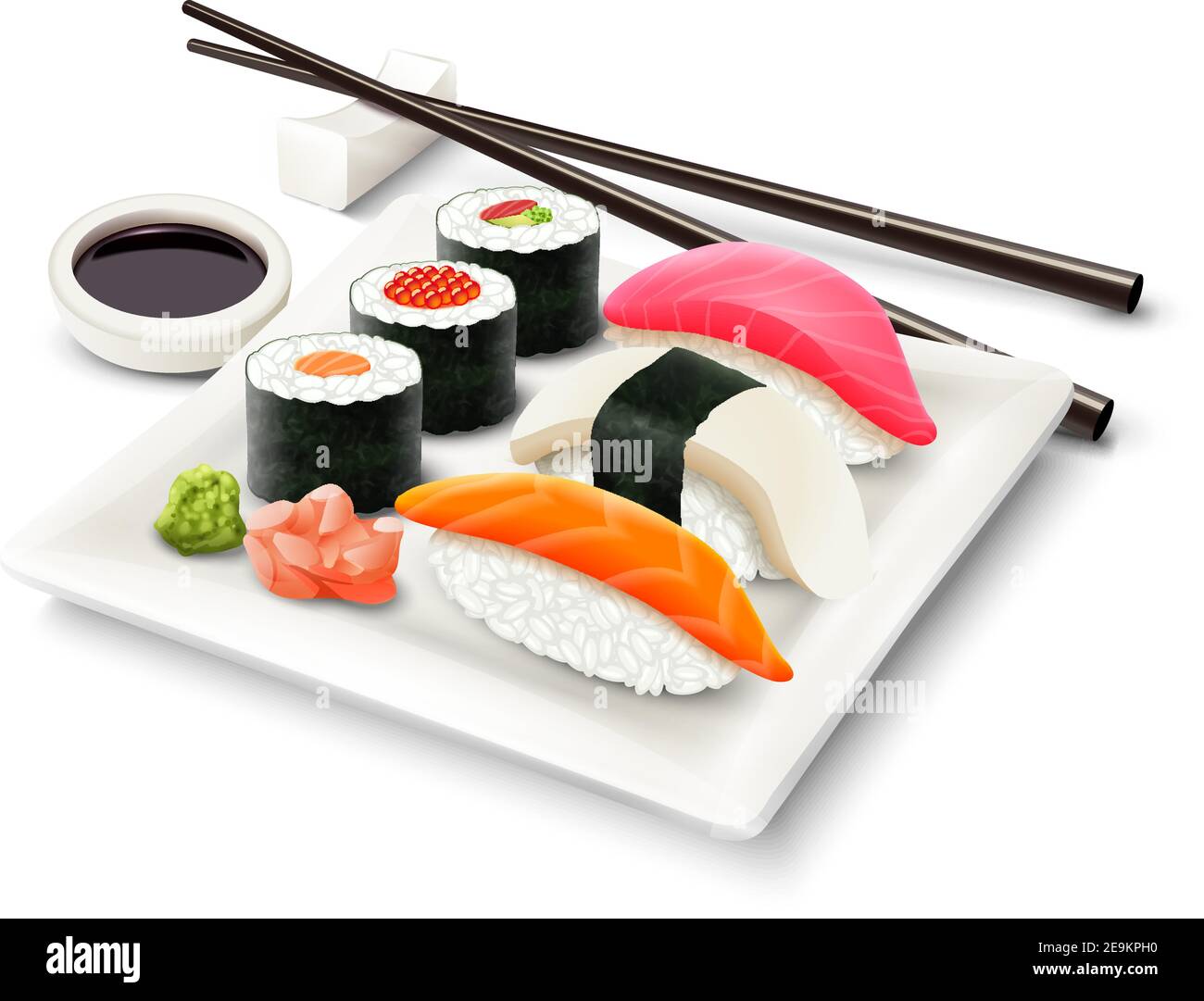 Sushi asian fish food realistic set with plate chopsticks and spices isolated on white background vector illustration Stock Vector
