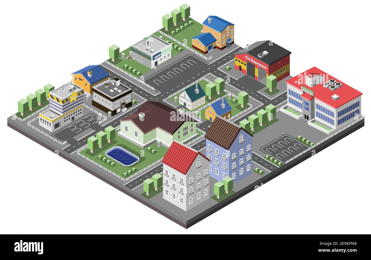 Suburban concept with house apartments and government buildings 3d isometric decorative icons vector illustration Stock Vector