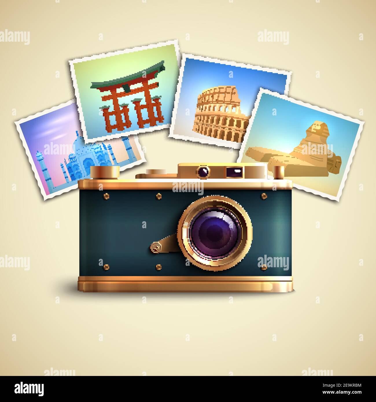 Travel photo background with retro camera and landmarks cards vector illustration Stock Vector