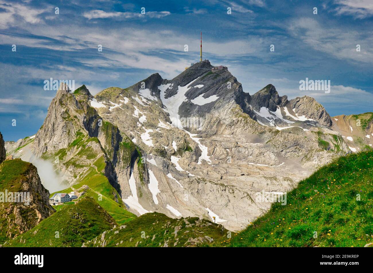Peaks Santis in Alpstein from Altmann, Swiss Mountains landscape Stock Photo