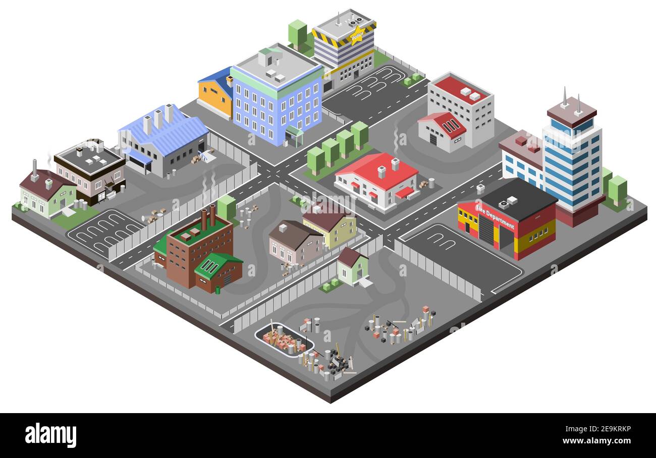 Industrial area concept with isometric plants factories police station