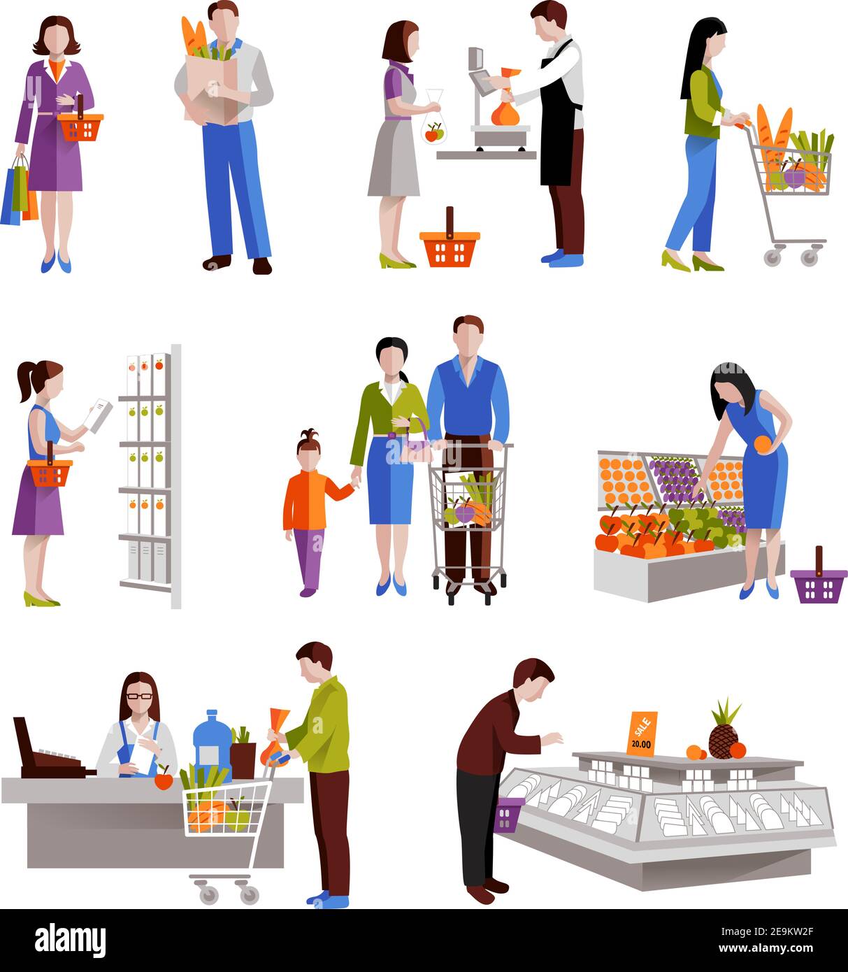 People in supermarket buying grocery products decorative icons set isolated vector illustration Stock Vector