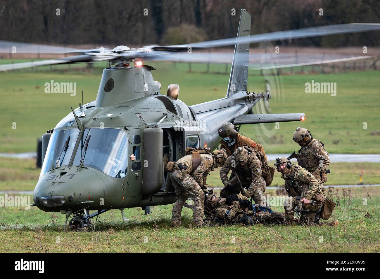 A AgustaWestland AW109 military helicopter from the 17th Squadron of the Belgian Air Force. Stock Photo