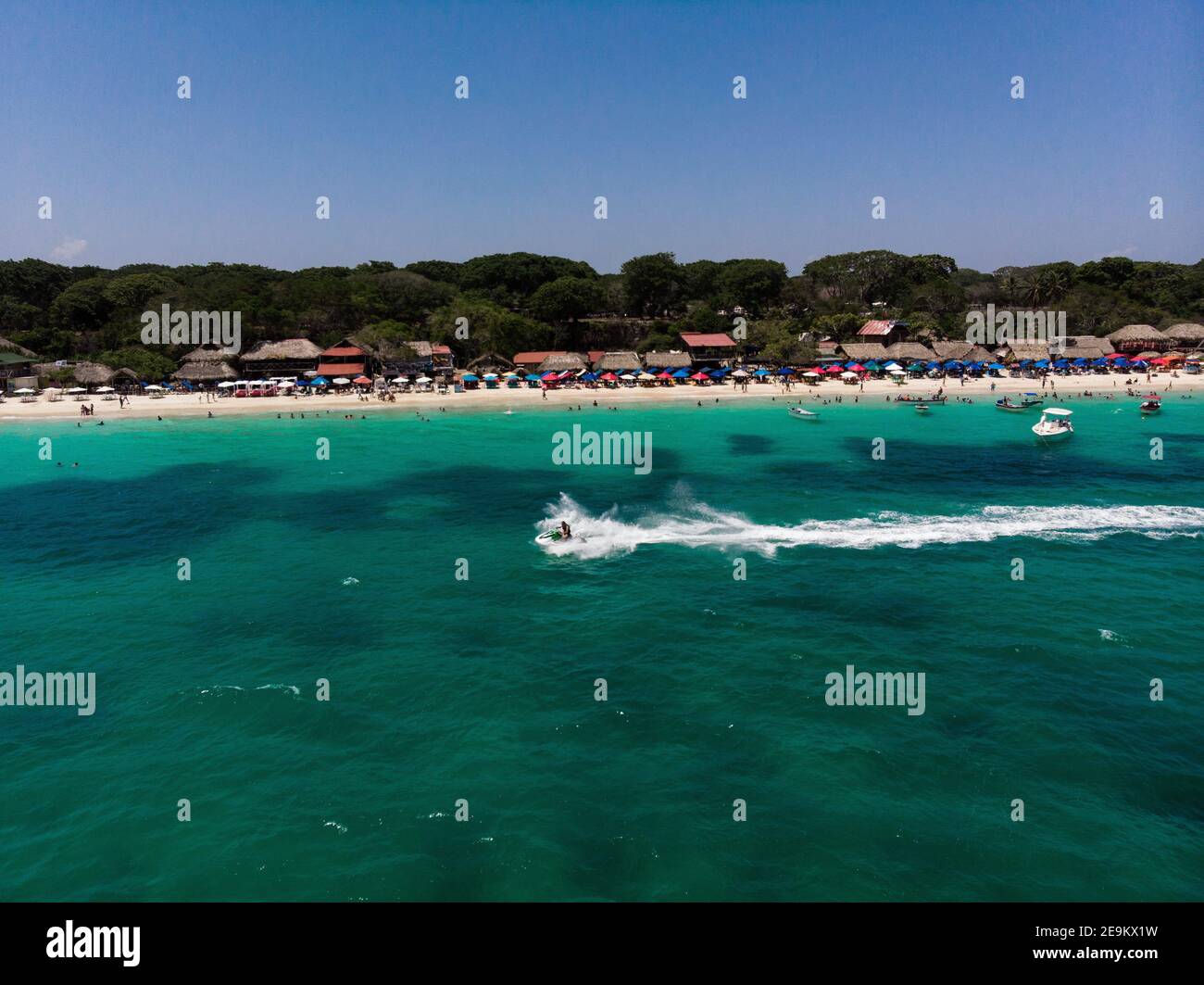 Aerial drone view of Playa Blanca Isla Baru white sand beach turquoise ...