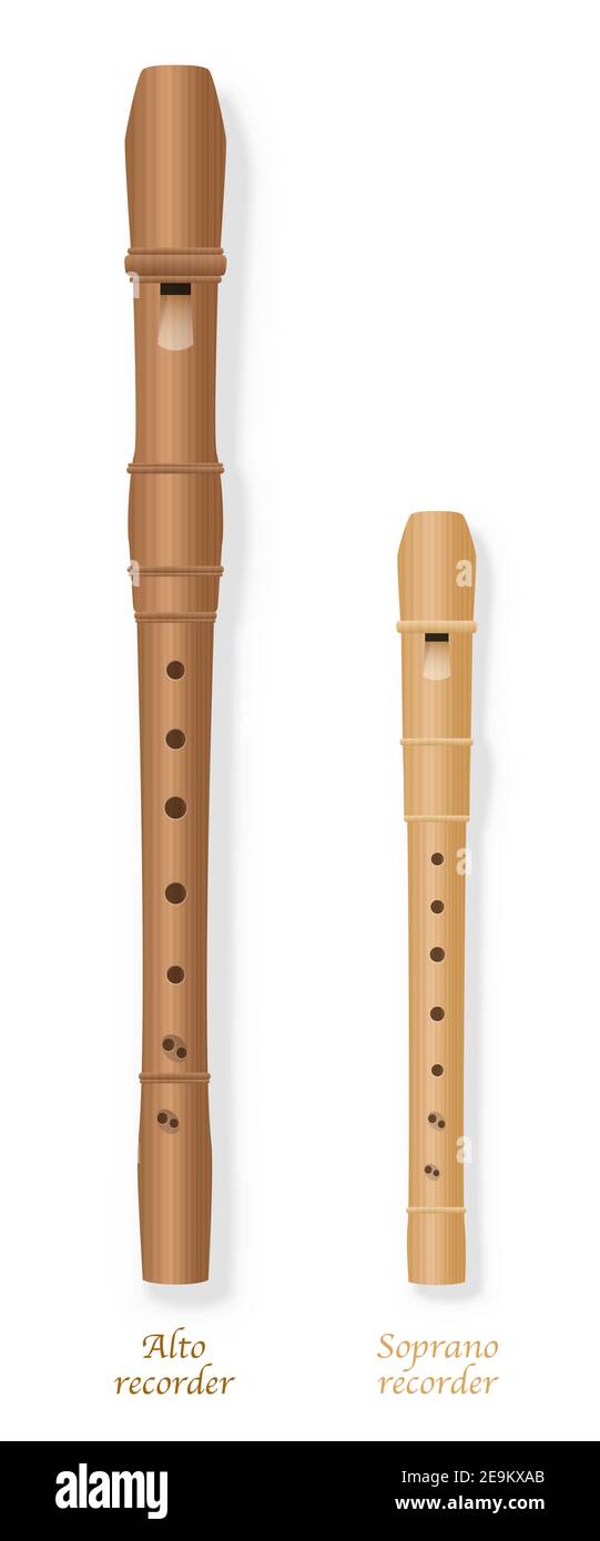 Alto recorder and soprano recorder by comparison with different size, design and wooden texture - illustration on white background. Stock Photo
