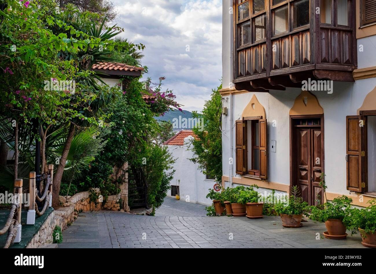 Cozy street and beautiful architecture in Kas Town, Turkey Stock Photo
