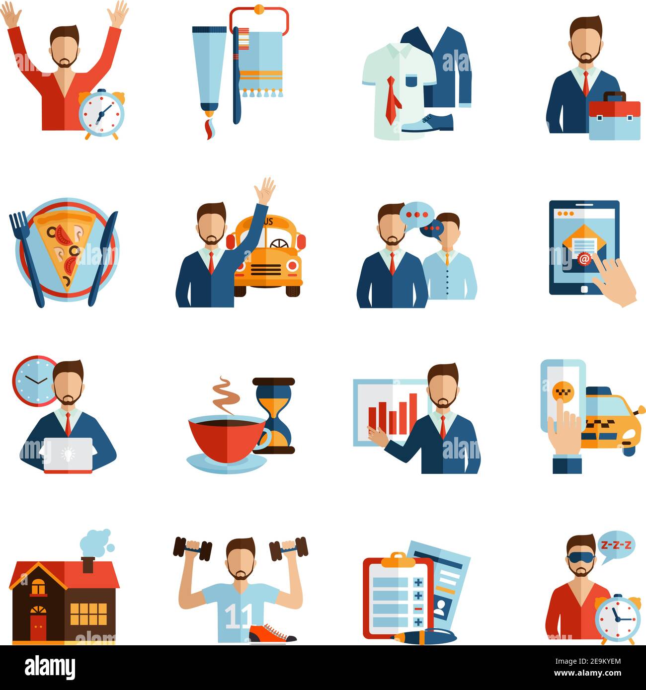 Man daily routine icons set day work and rest life schedule isolated