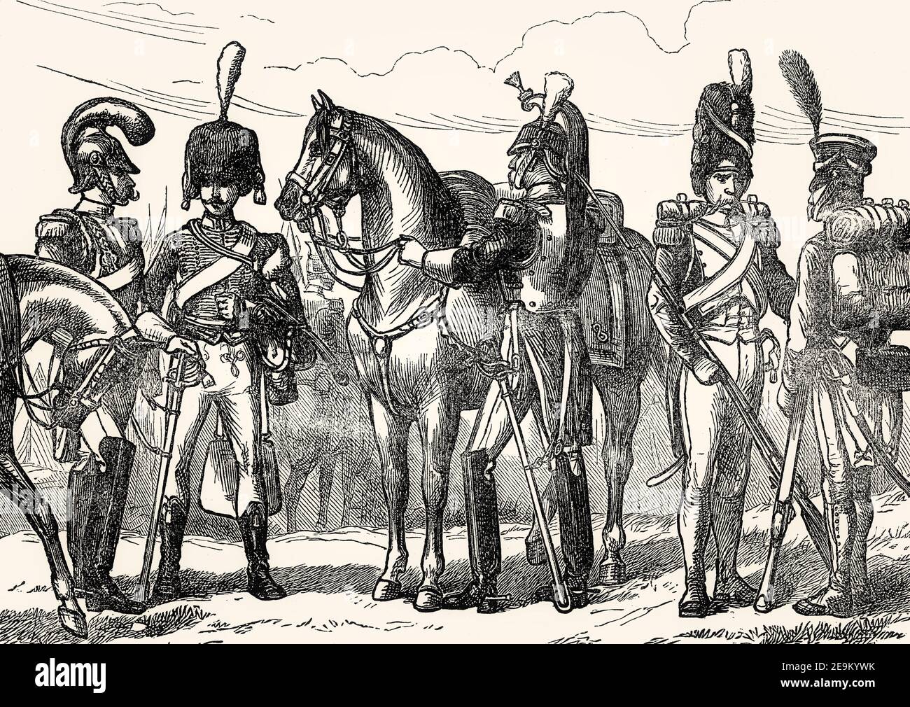 French military uniforms, 1811; From British Battles on Land and Sea, by James Grant Stock Photo