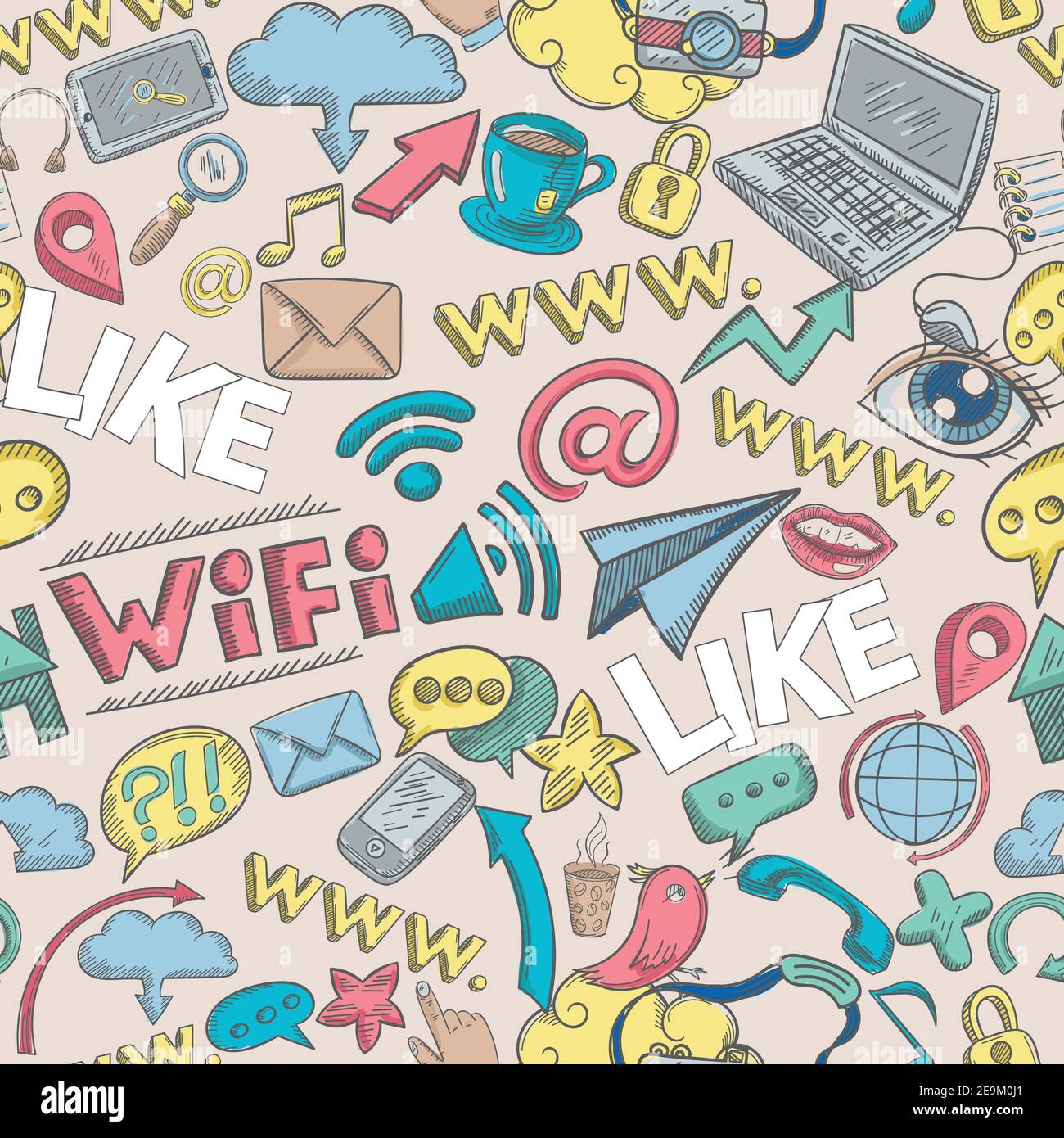 Social media seamless pattern with sketch communication signs vector ...