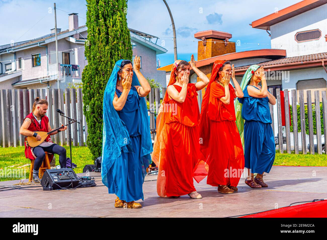 BRAGA, PORTUGAL, MAY 23, 2019: Musicians performing traditional roman music during Braga Romana festival in Portugal Stock Photo