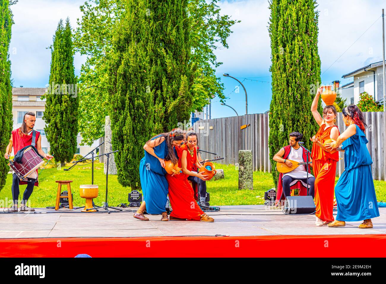 BRAGA, PORTUGAL, MAY 23, 2019: Musicians performing traditional roman music during Braga Romana festival in Portugal Stock Photo