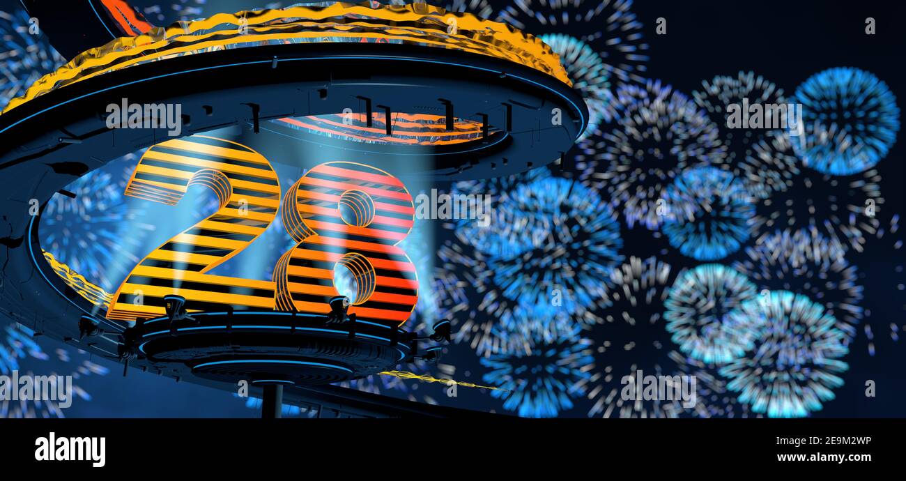 Number 28 formed by a yellow structure on a round metal platform ...