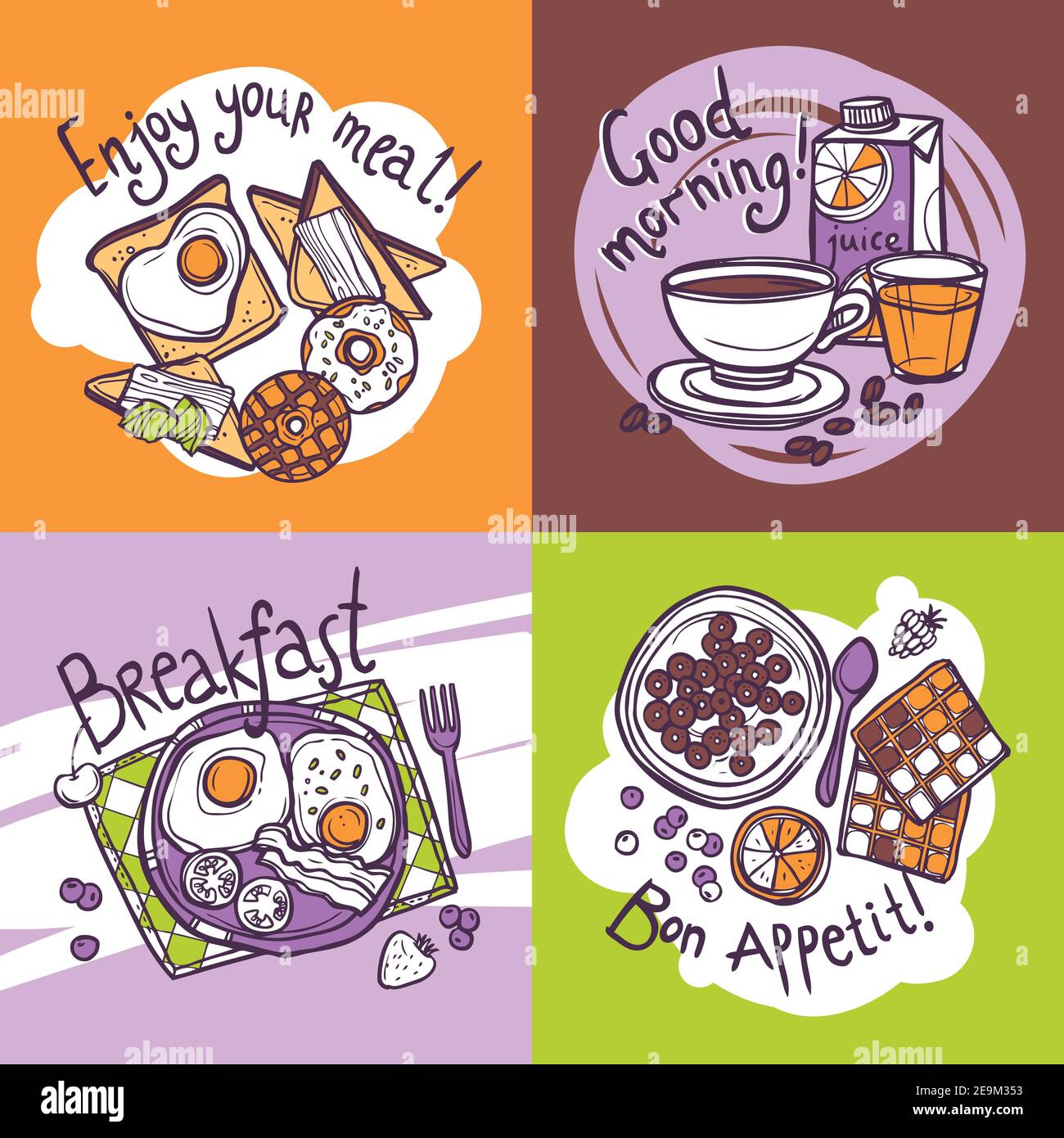 Breakfast design concept set with food and drink hand drawn icons isolated vector illustration Stock Vector