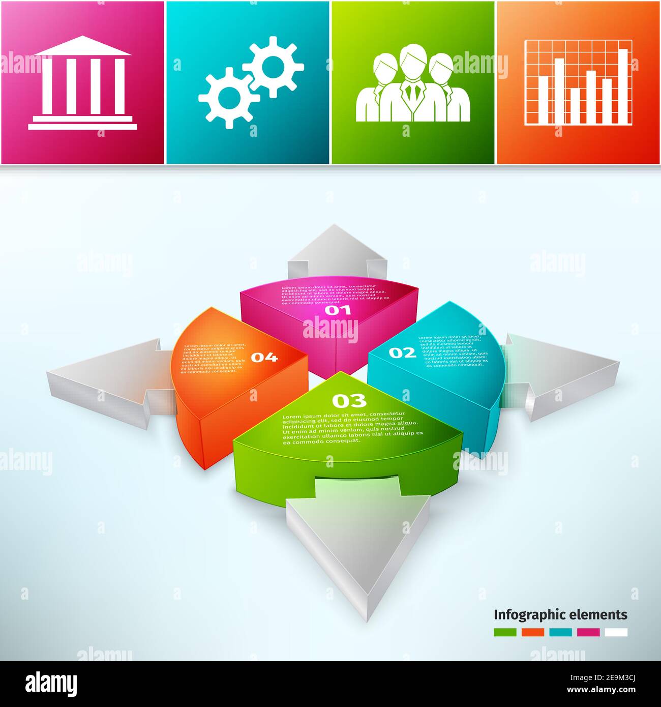 Pie chart 3d with arrows and business symbols vector illustration Stock ...