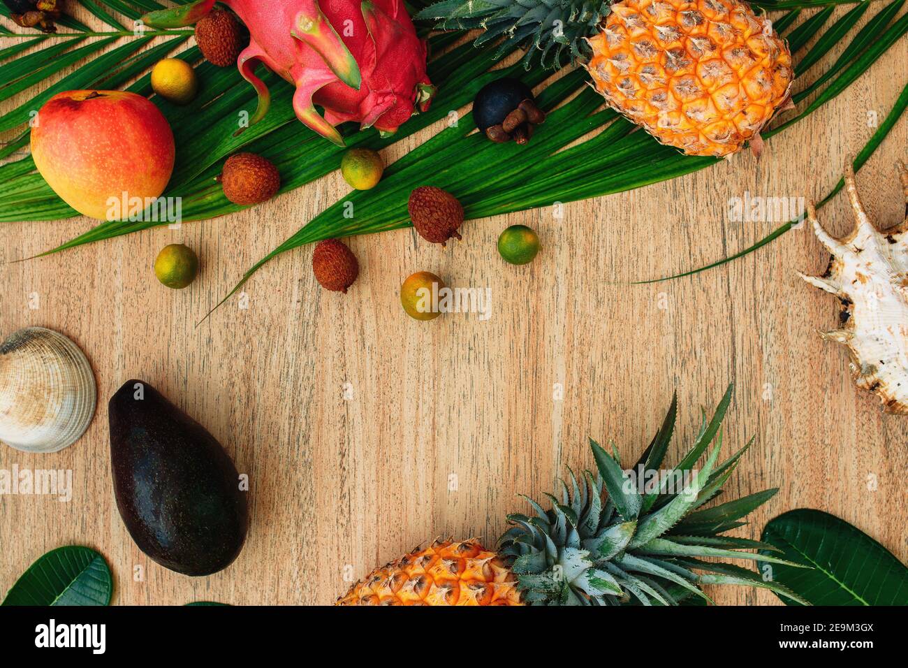 Vegetarianism concept. Flat lay, top view, Mix of Exotic fruits and