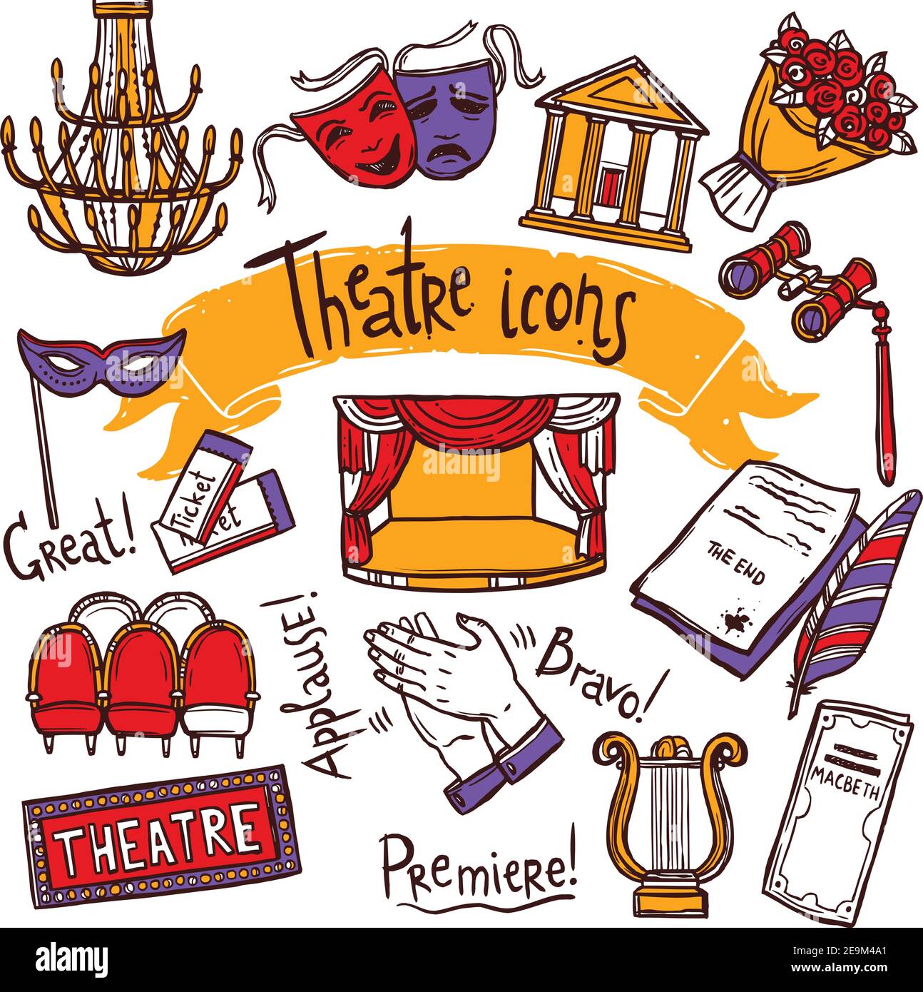 Theater performance decorative icons sketch set with mask applause