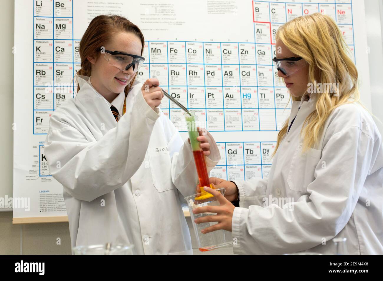 Two teenage female students performing a science experiment with periodic timetable in background. Stock Photo