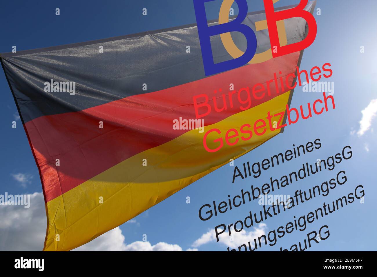 Symbol picture: German Civil Code (BGB) in front of blue sky with Germany flag Stock Photo