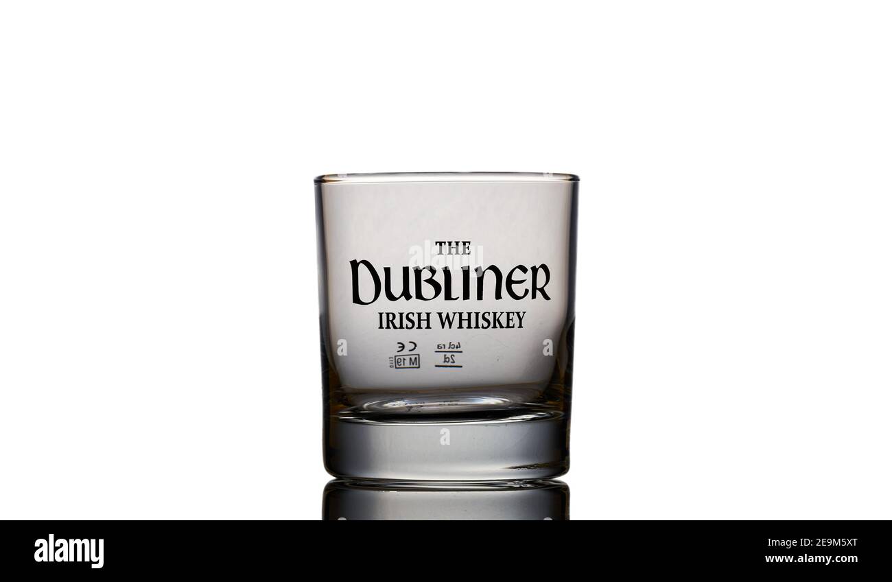 The Dubliner Irish Whisky glass white background Stock Photo